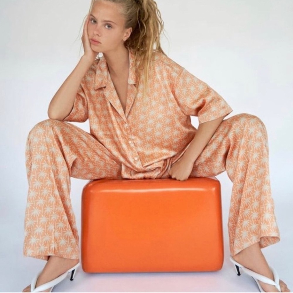 Zara Womens Orange Palms Printed Satin Pajama Style Set Top Blouse Pants Size S